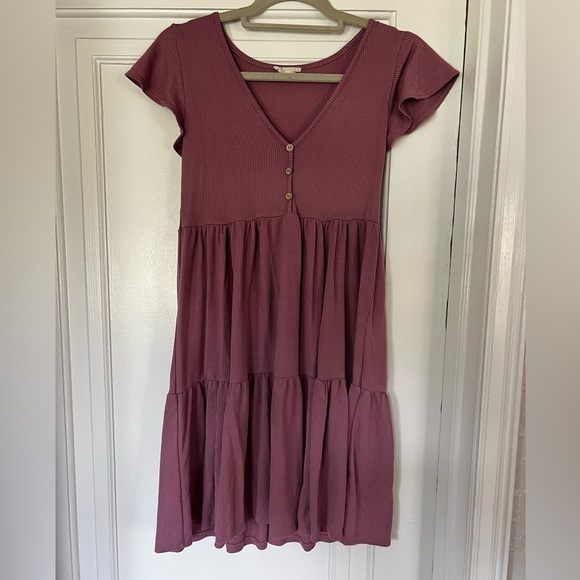 See You Monday Ribbed Tiered Babydoll Dress Mauve Pink Short Sleeve Mini Size M - Picture 2 of 7